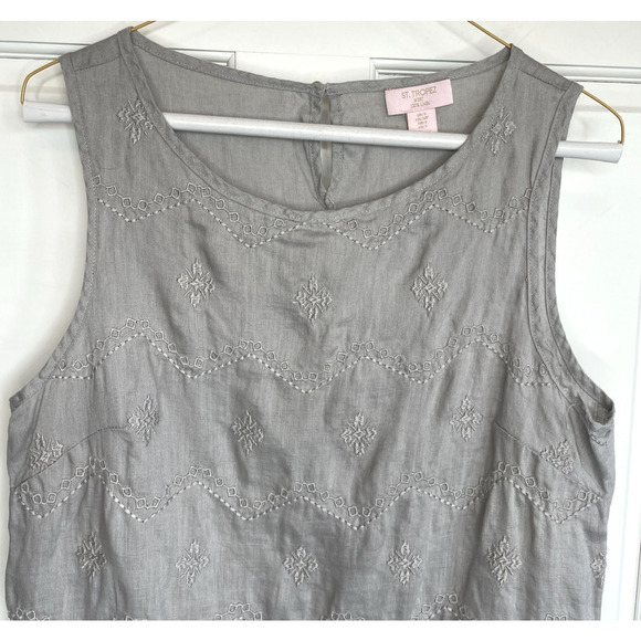 St. Tropez West Women’s Embroidered Linen Sleeveless Blouse Sz S Boho Lagenlook - Picture 2 of 14